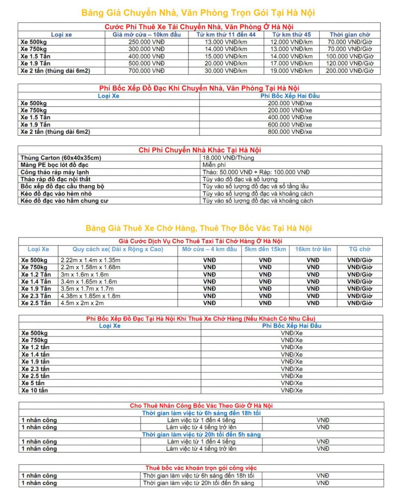 Bảng giá chuyển nhà, chuyển văn phòng tại Hà Nộia